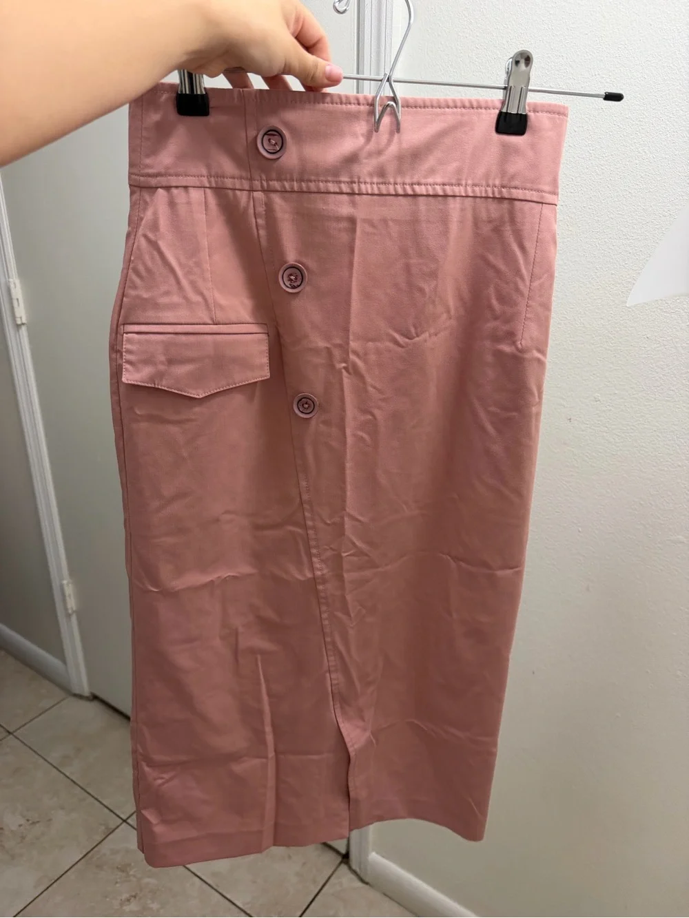 High-Rise Dusty Rose Button-Front Midi Skirt, fits like XS